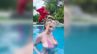Blonde Chick With Big Tits Trying New Challenge  While Wearing Bikini in Pool Video