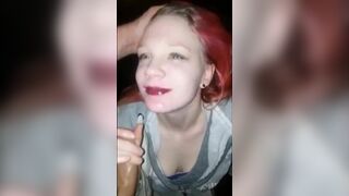Today a sexy girlfriend with red painted hair drunking cum from her friends cock.
