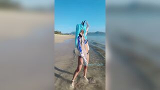 Byoru Wearing Blue Mini Bikini On The Beach Cosplay Teasing Video