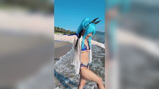 Byoru Wearing Blue Mini Bikini On The Beach Cosplay Teasing Video