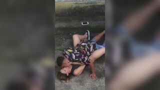 Eating the blonde on the street on the floor