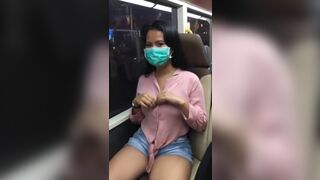 Damn brunette showed her breasts on the train