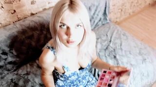Belloff petite blonde in blue dress she stops putting on makeup so I can fuck her