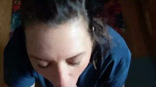 Wonderful brunette eyes wife sucking cock and swallowing sperm