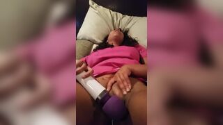 Ebony babe is helped by her boyfriend to masturbate