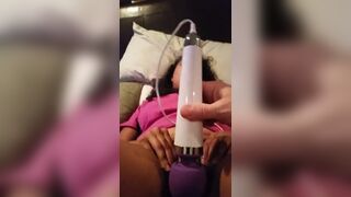 Ebony babe is helped by her boyfriend to masturbate