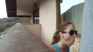 Amateur quick porn and blowjob on the balcony outside