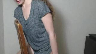 Teen horny girl finds a chair to masturbate and reaches a real orgasm