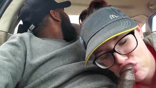 Female employee gives a quick suck in the car to a black customer