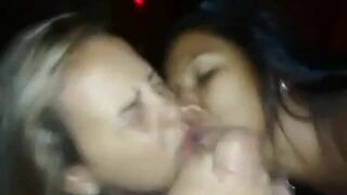 Two sluts suck a cock and get the cum on their faces