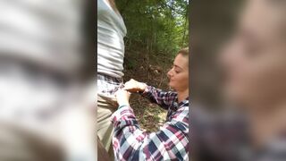Blowjob and deepthroat with girlfriend outside in the woods