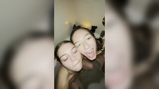 Gorgeous two friends sharing a BBC in the bath tube
