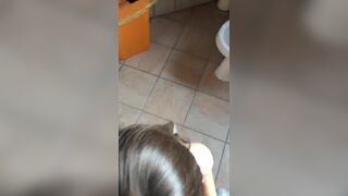 Gorgeous 18 year old gets a facial after getting banged on the toilet