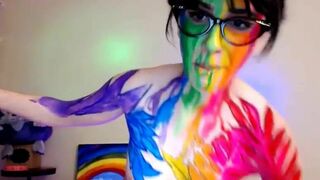 Cosplay Chick Painting Her Body While Topless Naked Cam Video
