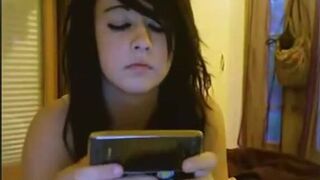 Pretty Teen Emo Girl With Small Tits Masturbating On The Bed Fucking A Dildo Video