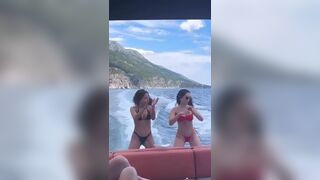 Pretty Slim Two Babes Hot Bikini Dance At A Boat