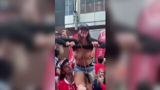 Gorgeous teen gets her big tits out in public and gets groped