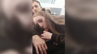 Gorgeous sucking off boyfriend on the train