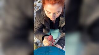 Isla Moon Red head Babe Blows Her Boyfriend Cock Hard in the woods outside