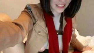 Mikasa from Attack On The Titan cosplayer shows her body and masturbates on camera