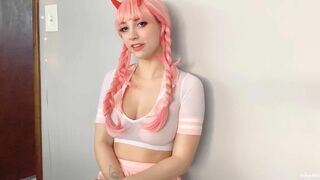 Solo Cosplayer Girl Dressed as Zero Two from Darling in the Franxx Pleasures Herself with Adult Toys