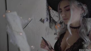 Slutty witch cosplayer blows cock and swallows cum