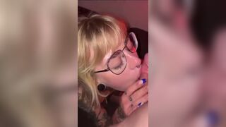 Nerdy Blonde Gets Multiple Cumshots on Her Face in Disco Light Video