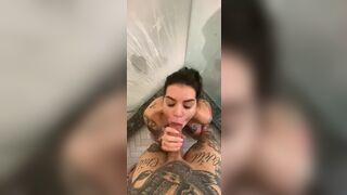 Tattooed Babe Deeply Sucks a Cock Gets Fucked till he Cums in Bathroom Video
