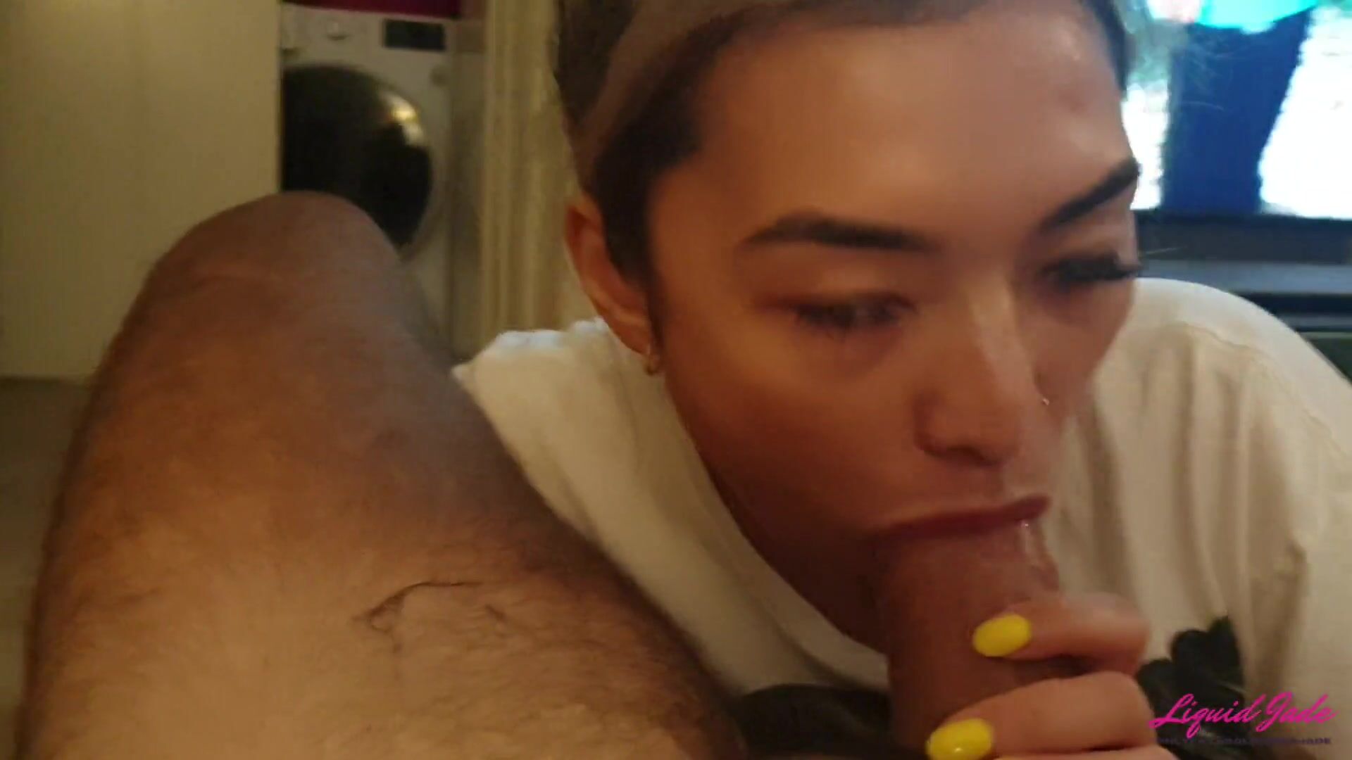 LiquidJade Blonde Asian Sucking Daddys Big White Cock + Swallowing His Thick Load